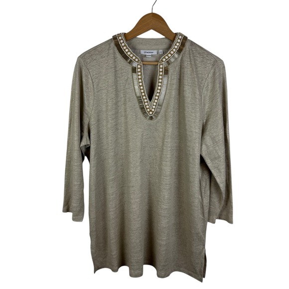 Chico's Tops - Chicos 100% Linen Embellished Tunic Top Size 2 (Large) Gold Trim Beaded Boho‎